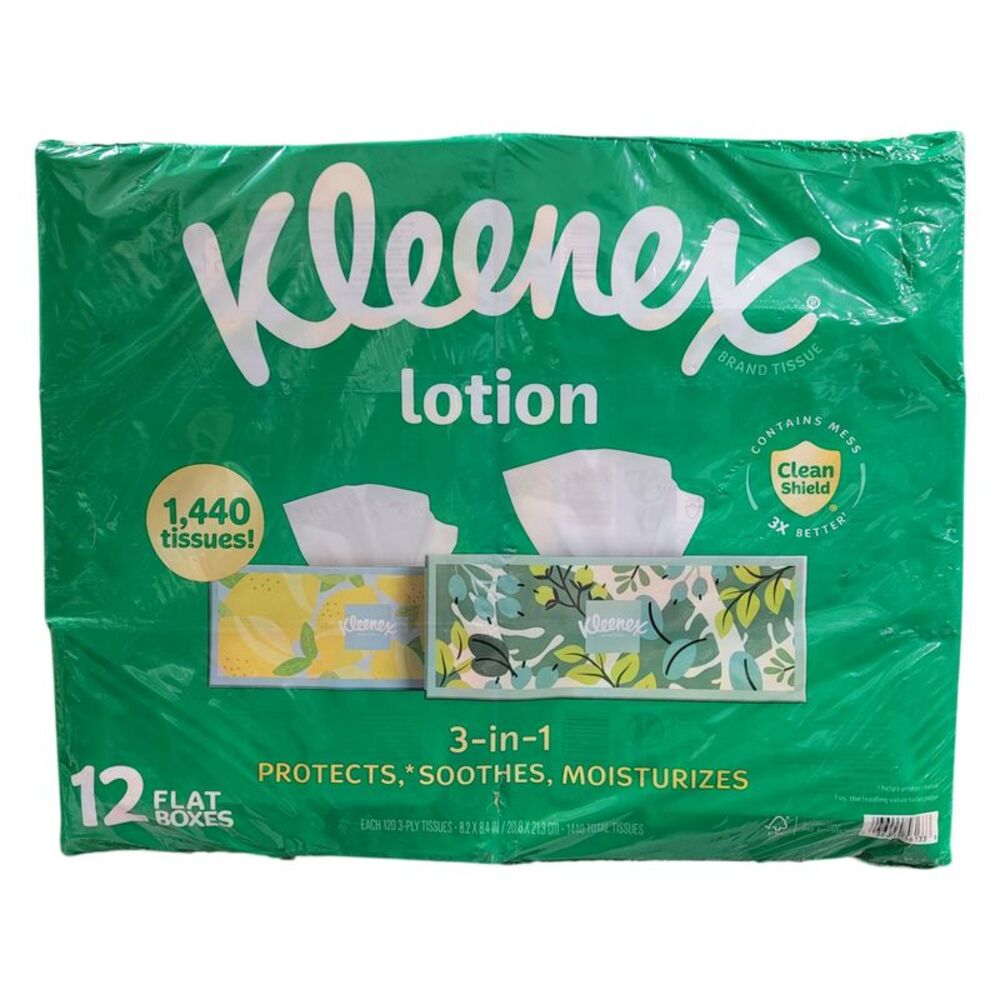 Kleenex Lotion 3 Ply Facial Tissues, 12 boxes, 120 tissues/box, Aloe Infused